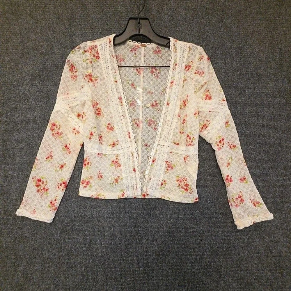 Free People Kika Top Blouse S Sheer White Lace Floral Button Front Long Coquette